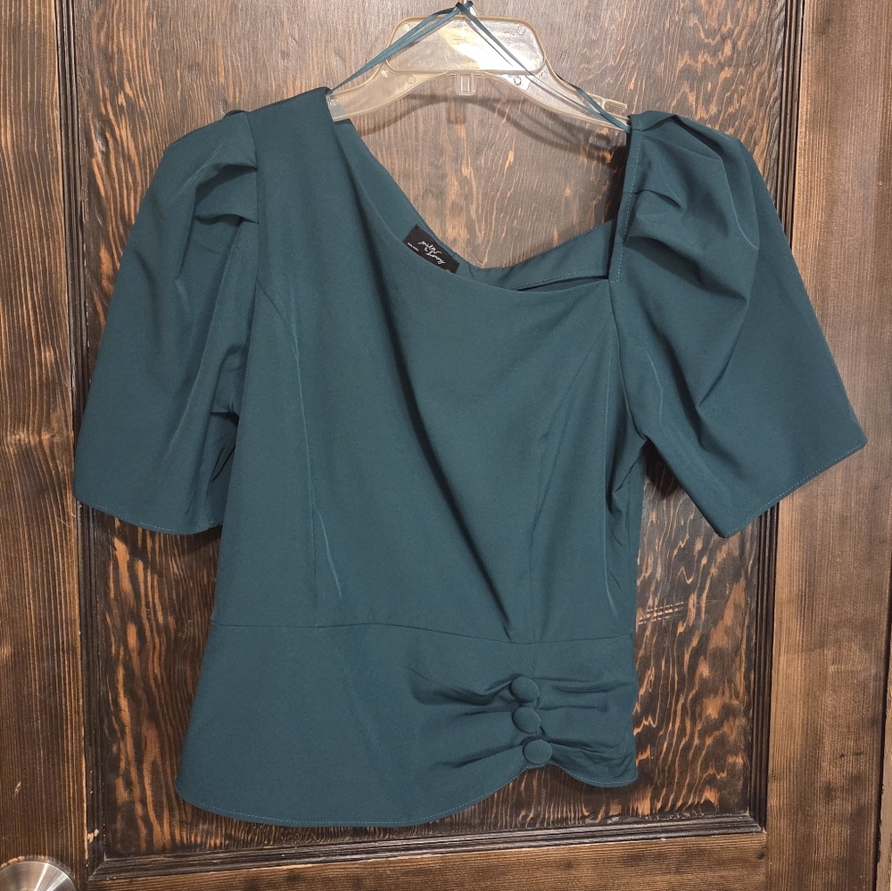 Chic Green Blouse From Milk & Honey with Button Accents & Asymmetrical Neckline